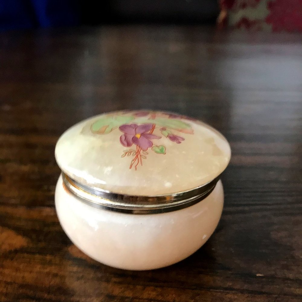 Vintage alabaster jewelry box with pansies pic
